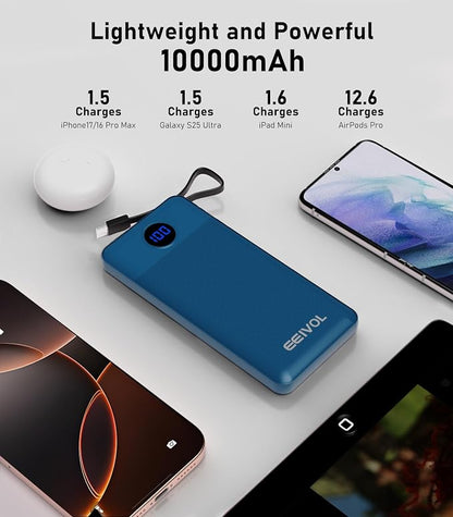 Portable Charger with Built in Cables, Slim 10000mAh Power Bank, USB C Battery Pack Travel, 4 Output 2 Input External Charging Bank for iPhone 17/16/15/14/13,Samsung, Android, etc-Blue(1 Pack)