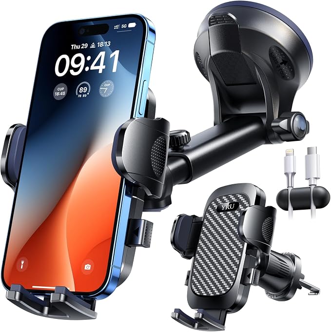 YRU True Military-Grade [360° Rotation Suction] 2026 Ultimate Car Phone Holder Mount【90+LBS Safest Strongest & Patent Certs】Dashboard Windshield Vent for iPhone 17 16 Pro Max Video Dash Mounting Kits