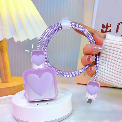 CameCosy DIY Phone Charger Case Storage Sets Cable Protector Earphone Wire Saver with Travel Storage Bag, Cute Cable Charger Protector Cord Organizer for iPhone (Purple Love Heart)