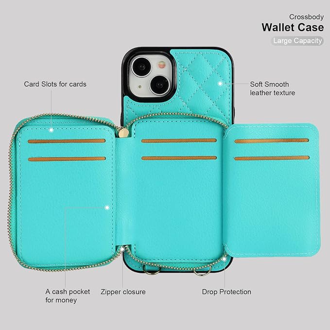 Bocasal Crossbody Wallet Case for iPhone 15 Plus, RFID Blocking PU Leather Zipper Handbag Purse Flip Cover, Kickstand Folio Case with Card Slots Holder Wrist Strap Lanyard 5G 6.7 Inch (Mint Green)