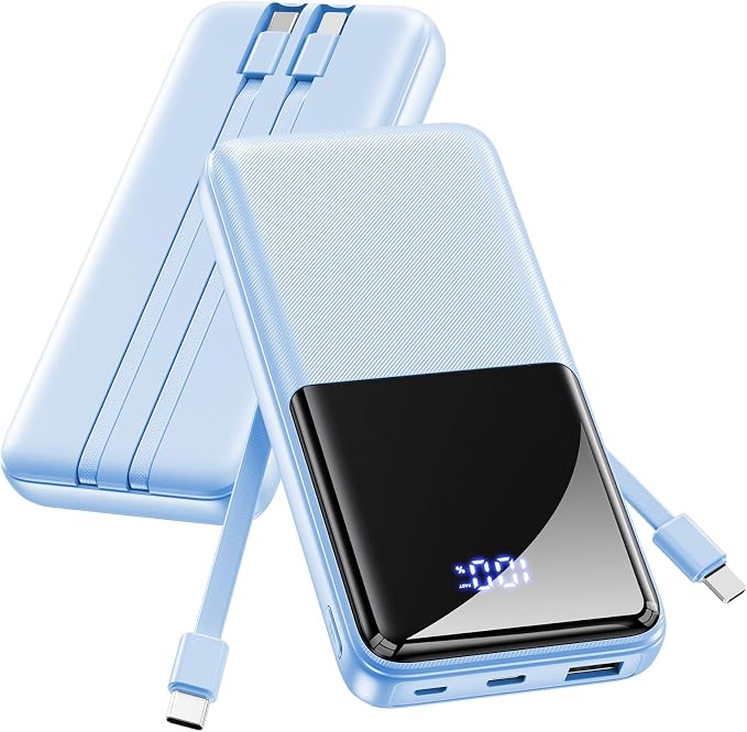 Portable Charger Power Bank - Slim 15000mAh 50% Larger Capacity Battery Pack, USB C 22.5W Fast Charging Powerbank with Built-in Cable, Travel Essential Phone Charger for iPhone Android, Glacier blue