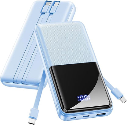 Portable Charger Power Bank - Slim 15000mAh 50% Larger Capacity Battery Pack, USB C 22.5W Fast Charging Powerbank with Built-in Cable, Travel Essential Phone Charger for iPhone Android, Glacier blue