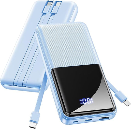 Portable Charger Power Bank - Slim 15000mAh 50% Larger Capacity Battery Pack, USB C 22.5W Fast Charging Powerbank with Built-in Cable, Travel Essential Phone Charger for iPhone Android, Glacier blue