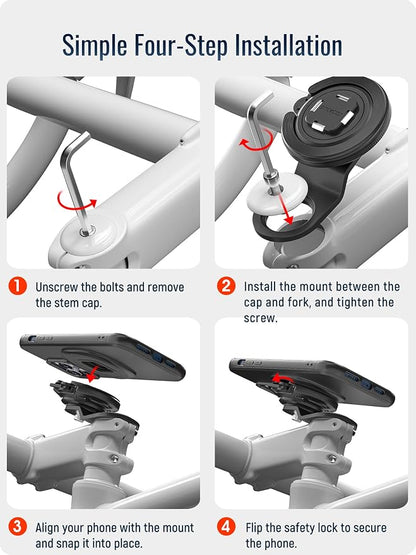 sincetop Bike Stem Magnetic Phone Mount Series Q [ Quad ] - Mountain Bicycle Stem Phone Holder - Quick Lock & Release - Aluminum Handlebar Cycling Cell Holder for MTB Ebike Road Electric