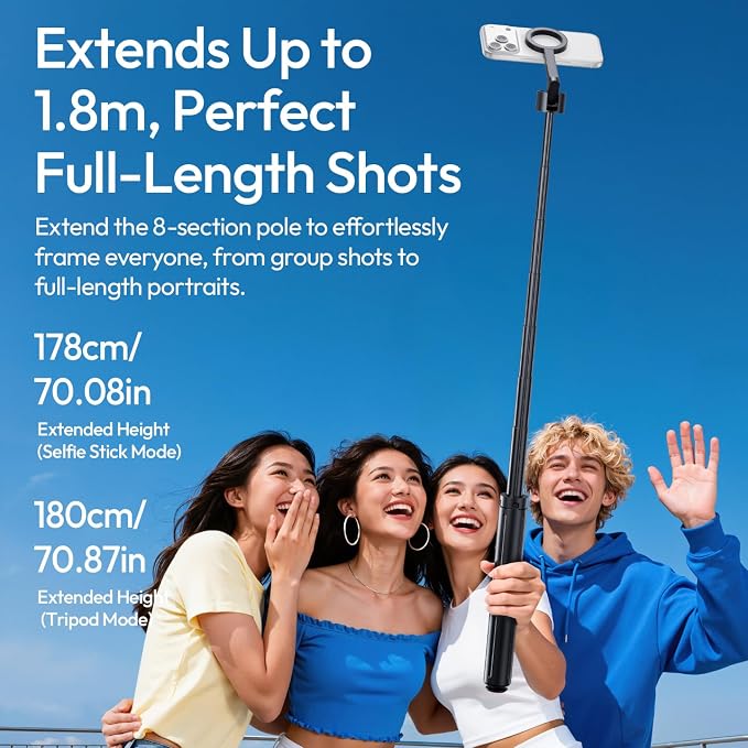 ULANZI Magnetic Phone Tripod-71'' Auto Open Selfie Stick Features Lift to Fold, Extendable Selfie Stick w Remote Cell Phone Tripod Stand for Live Recording Vlog for iPhone 17 16 15 14 Series Black