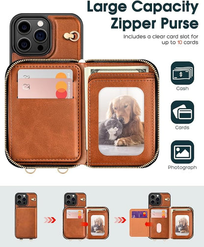 OCASE Compatible with iPhone 16 Pro Max Crossbody Wallet Case with Card Holder, PU Leather Zipper Handbag Phone Purse with RFID Blocking Kickstand Wrist Strap Lanyard 6.9 Inch, Brown