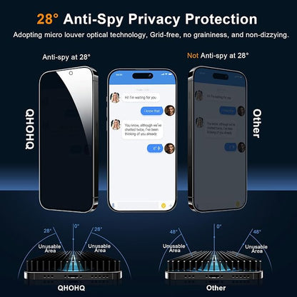 QHOHQ for iPhone 16 Pro Privacy Screen Protector + Camera Lens Protector, [Military Grade Shatterproof], Top 9H+ Anti Spy Glass, Full Edge Coverage, Ultra Durable, with Installation Tool [3+3 Pack]