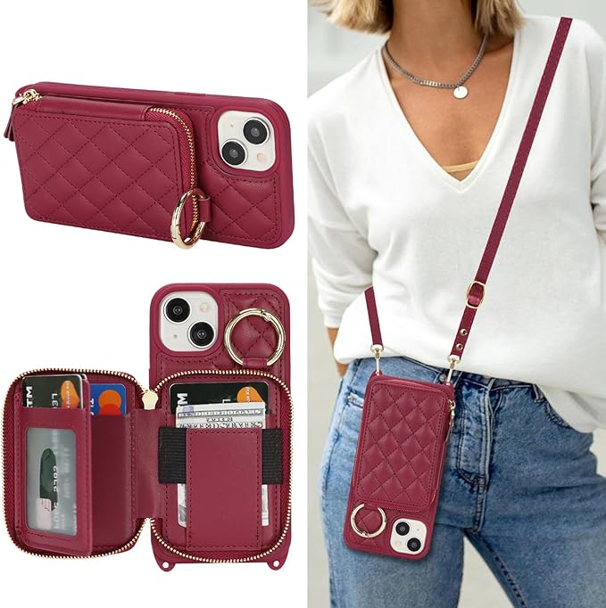 Crossbody Wallet Case for iPhone 14, PU Leather Zipper Handbag Purse Flip Cover, Kickstand Folio Case with Card Slots Holder Wrist Strap Lanyard 5G 6.1 Inch-Dark red