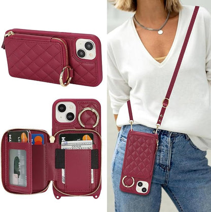 Crossbody Wallet Case for iPhone 14, PU Leather Zipper Handbag Purse Flip Cover, Kickstand Folio Case with Card Slots Holder Wrist Strap Lanyard 5G 6.1 Inch-Dark red