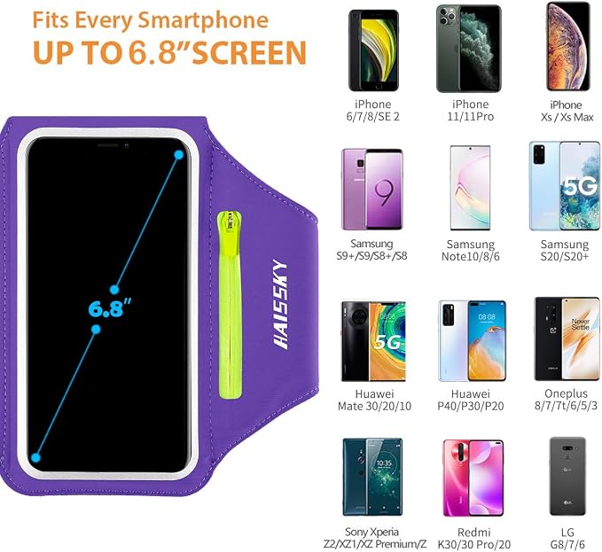 Running Armband with Earphone Bag Cell Phone Armband for iPhone 17 16 15 Pro 14 Plus 13 11 XR, Galaxy S24/S10 Water Resistant Sports Phone Holder Case & Zipper Slot Car Key Holder for 6.7 inch Phone