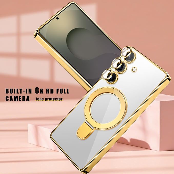 Magnetic Case for Samsung Galaxy S24 Case Stand & Ring Holder Compatible with MagSafe Built-in Camera Lens Protector Shockproof Phone Case for Samsung S24 - Gold