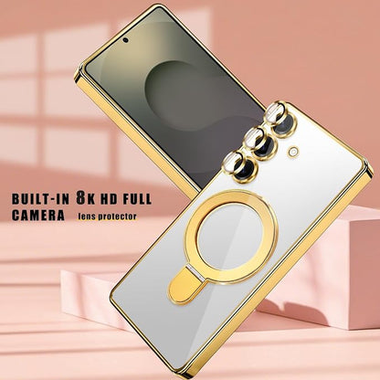 Magnetic Case for Samsung Galaxy S25 Case Stand & Ring Holder Compatible with MagSafe Built-in Camera Lens Protector Shockproof Phone Case for Samsung S25 - Gold