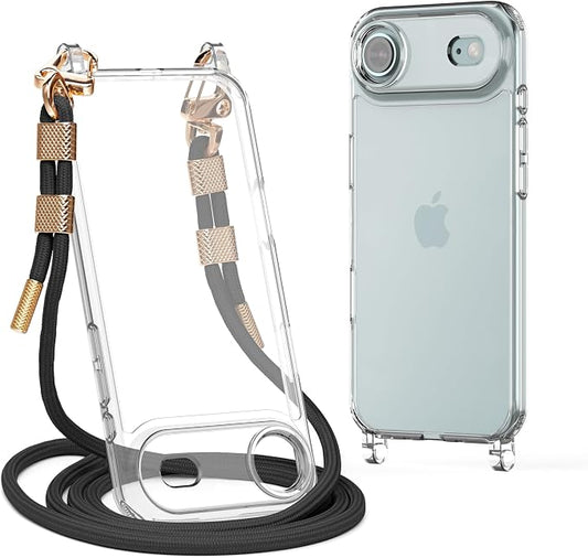 for iPhone 17 Air Case with Strap, Clear Shockproof Crossbody Phone Cover w/Removable Anti-Theft Adjustable Lanyard for Women, Travel, Shopping, Hiking (6.6", Black)