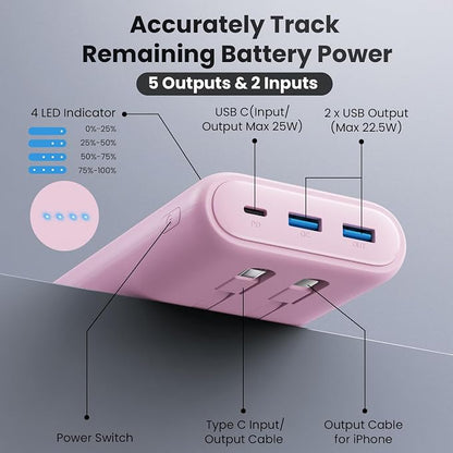 Upgraded Portable Charger 40800mAh Power Bank - Portable Battery with 2 Built in Cables,PD 25W USB C Fast Charging Battery Pack Compatible with iPhone 17 16 15 14 13 Android Phone Tablets etc-Pink