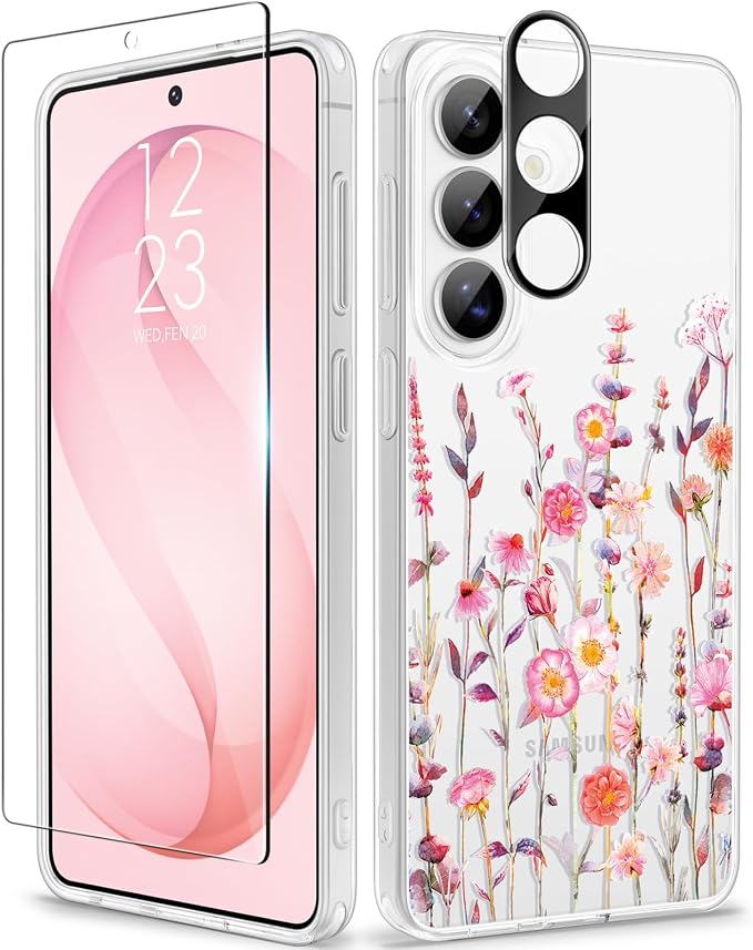 GVIEWIN for Samsung Galaxy S26 Case, Clear Floral Slim Shockproof Protective Women Phone Case, Non-Yellowing, with Screen Protector & Camera Lens Protector for Galaxy S26 6.3", Floratopia/Orange