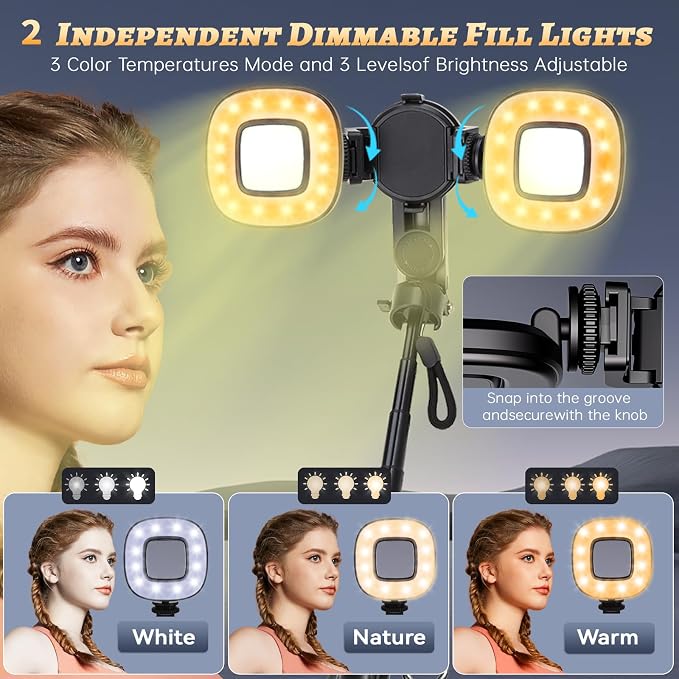Magnetic Selfie Stick Tripod with 2 Selfie Light, Phone Tripod, Portable Pocket Size Selfie Stick with Rechargeable Remote and Metal Ring, Compatible with iPhone/Android for Photo/Video