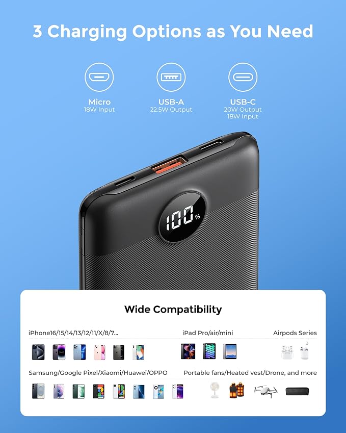 Portable Charger 10000mAh, Ultra Slim Power Bank Fast Charging with Attached USB C Cable, Travel Essential Phone Power Bank Battery Pack for iPhone 17/16/15/14 Samsung S25 Google etc