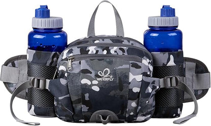 WATERFLY Fanny Pack Waist Bag: Fannie Pack 2 Water Bottle Holders Lumbar Belt Hiking Walking Running Jogging Camping Large Woman Man (Bottle Not Included)