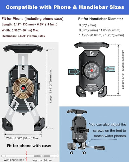 BRCOVAN Motorcycle Phone Mount Holder with Qi 15W Wireless Charger & PD/USB-C 20W Fast Charging Port, [1s Lock] Cellphone Cradle with Aluminum Alloy Handlebar Mounting Base for 4-7'' Smartphone