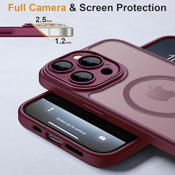 ROYBENS for iPhone 14 Matte Clear Case Compatible with Magsafe, Full Camera Lens Protection, Screen Protector, Wrist Strap, Translucent Magnetic Slim Hard Protective Phone Cover, Wine-Red