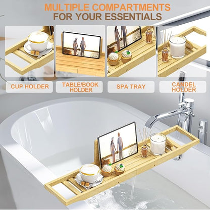 Bathtub Tray Caddy - Bath Tray - Bath Tub Table Tray Caddy - Bamboo Bath Tray for Tub