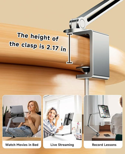 Tablet Arm Mount with Super Grip, Adjustable Foldable Holder & Heavy Duty Aluminum 360° Rotating Clamp for iPad, Phone, Monitor, Kindle - Universal for Desk, Bed, Kitchen - Space Grey
