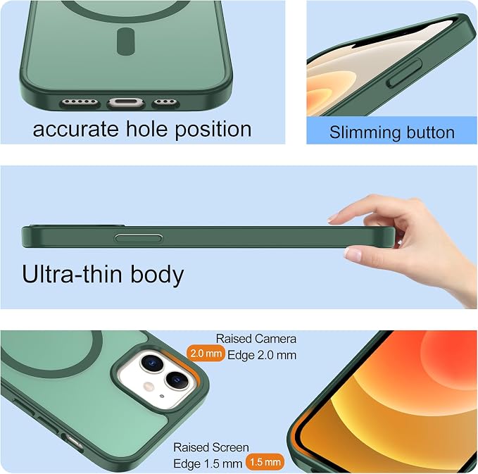 Pilaru for iPhone 12 Case & iPhone 12 Pro Case [Compatible with Magsafe] Translucent Matte Magnetic Case with Screen Protector,SlimThin Shockproof Protection Case for iPhone 12 & 12 Pro-Dark Green