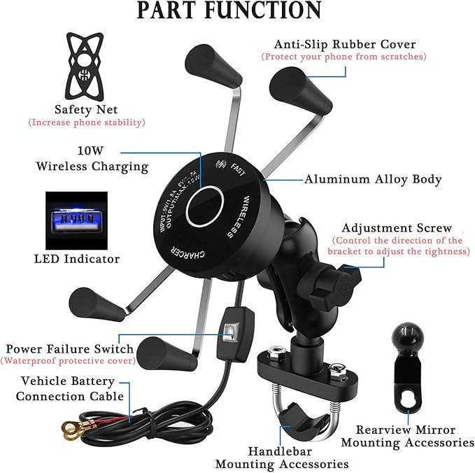 15W Fast Charging Adapter, Wireless Qi Motorcycle Phone Holder with 4 Jaw Mechanical Locking, 360° Rotating Aluminum Alloy, Compatible with 3-7 inch Smartphones