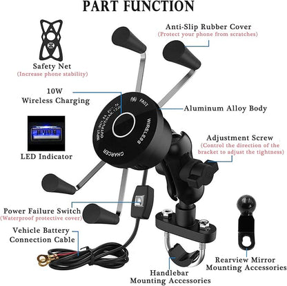 15W Fast Charging Adapter, Wireless Qi Motorcycle Phone Holder with 4 Jaw Mechanical Locking, 360° Rotating Aluminum Alloy, Compatible with 3-7 inch Smartphones