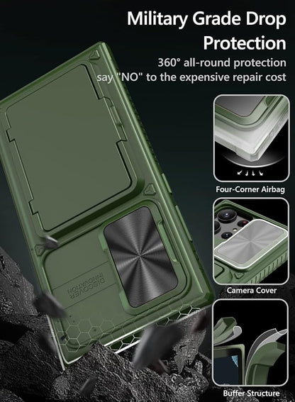 Vihibii for Samsung Galaxy S23 Ultra Case with Card Holder (4 Cards) & Sliding Camera Cover & Kickstand, Shockproof Rugged Hard Back & TPU Edge Wallet Case for Galaxy S23 Ultra 5G 6.8" 2023, Green