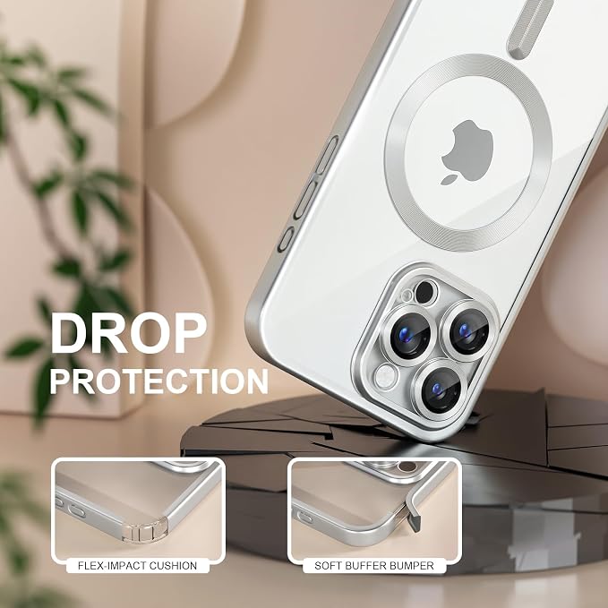 Misea Magnetic for iPhone 16 Pro Case Compatible with MagSafe [Never Yellowing] [Military Grade Drop Protection] Full Camera Lens Protector Plating Soft Clear Phone Case for Women, Titanium Silver
