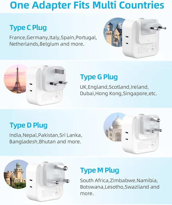 European Travel Plug Adapter Set, 8-in-1 Travel Adapter with 4 Outlets | Universal Travel Adapter, Type C/G/D/M Detachable Plugs, 4 USB Ports (2 USB C), US to UK/EU/South Africa