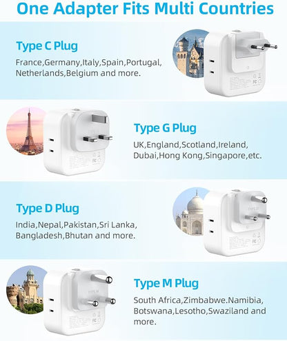 European Travel Plug Adapter Set, 8-in-1 Travel Adapter with 4 Outlets | Universal Travel Adapter, Type C/G/D/M Detachable Plugs, 4 USB Ports (2 USB C), US to UK/EU/South Africa