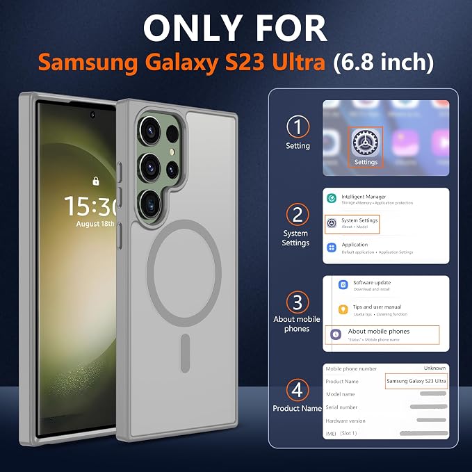 For Samsung Galaxy S23 Ultra Case [Compatible with Magsafe] Translucent Matte Magnetic S23 Ultra Phone Case,SlimThin Duty Shockproof Protection Cover with 2pc HD Screen Protector for S23 Ultra-Gray