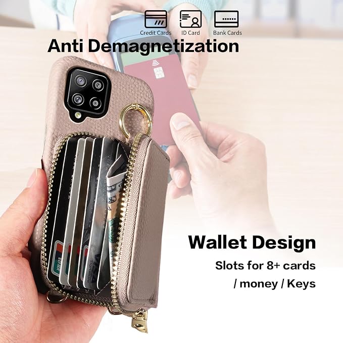 Wallet Case for Samsung Galaxy A22 4G 6.4 inch with Shoulder Strap Ring Buckle, PU Leather Zipper Organ Purse, Credit Card Holder Stand Phone Cover for M32 M22 F22 A 22 22A G4 Women Men Khaki