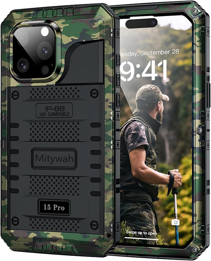Mitywah Waterproof Case for iPhone 15 Pro, Heavy Duty Shockproof Case with Built-in Screen Protector, Full Body Underwater Protective Metal Case 6.1 inch, Camouflage
