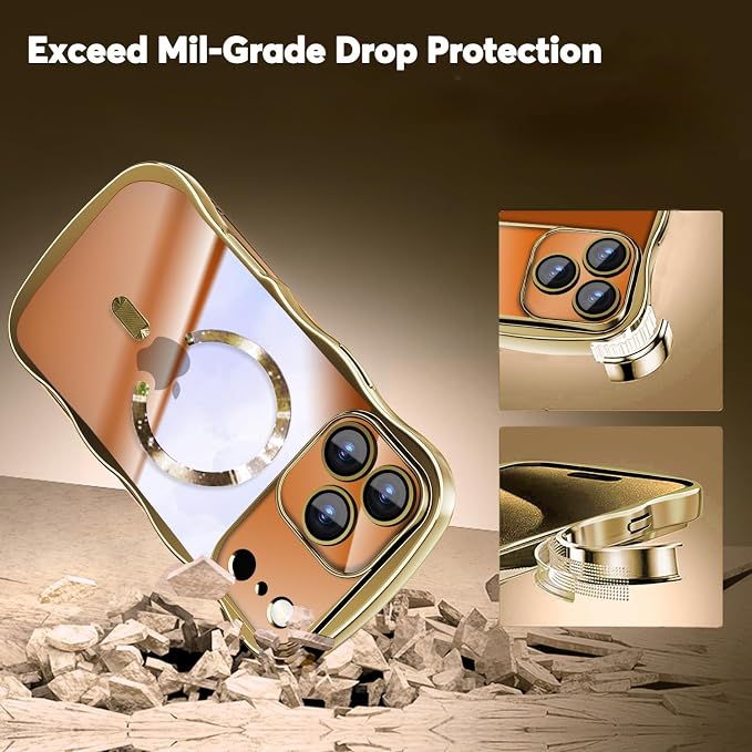 Misscase Designed for iPhone 17 Pro Case 6.3",with Privacy Screen Protector*1,Cute Wave Frame Case with Camera Lens Protector,Compatible with MagSafe Plating Bling for Women Gold