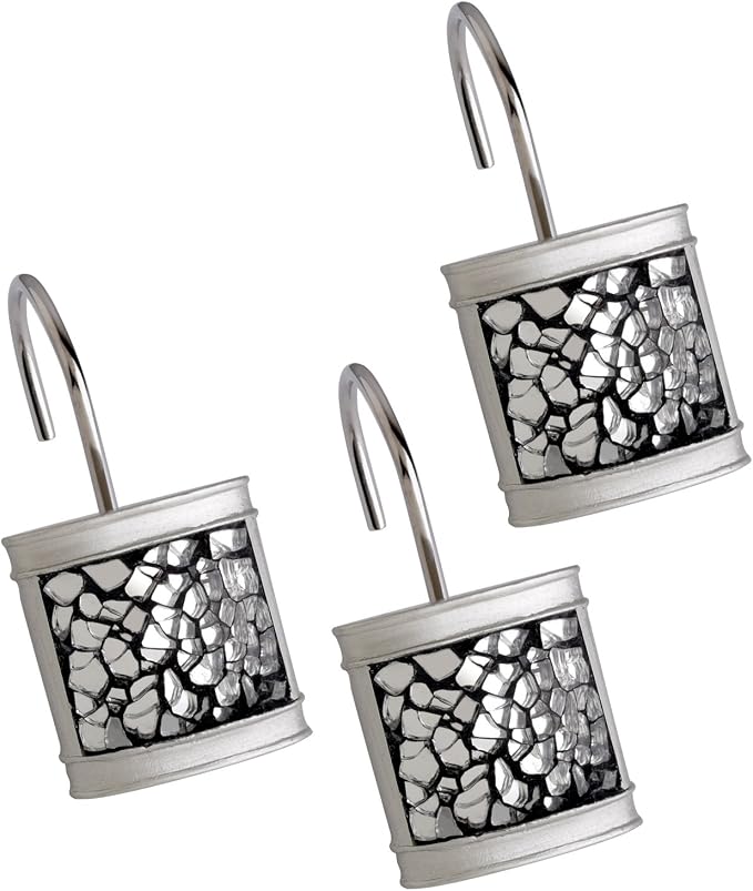 Creative Scents Crackled Glass Silver Shower Curtain Hooks Decorative - Set of 12 Shower Curtain Rings for Bathroom Shower Rod - Elegant Crackled Glass Shower Curtain Hooks