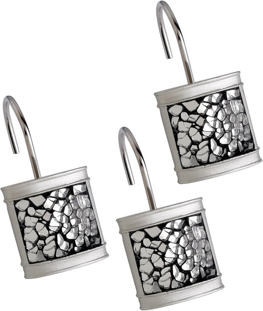 Creative Scents Crackled Glass Silver Shower Curtain Hooks Decorative - Set of 12 Shower Curtain Rings for Bathroom Shower Rod - Elegant Crackled Glass Shower Curtain Hooks