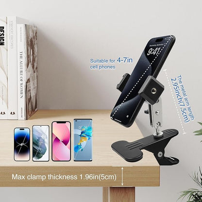 ROCKFREE Clip Phone Holder for Desk,Table,Desktop Baffle,Flat Surface, Pipe,Pole,Music Stand,with Strong Clamp 360°Adjustable Metal Arm Cell Phone Mount, Compatible with All 4-7” Smartphone