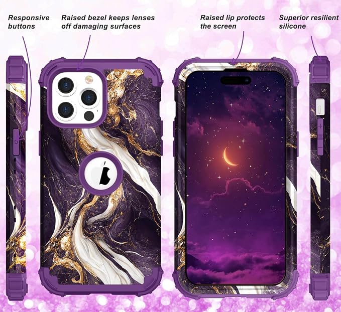 Hocase for iPhone 15 Pro Case, Heavy Duty Shockproof Protection Soft Silicone Rubber Bumper+Hard Plastic Hybrid Protective Case for iPhone 15 Pro 6.1" 2023 - Midnight Purple
