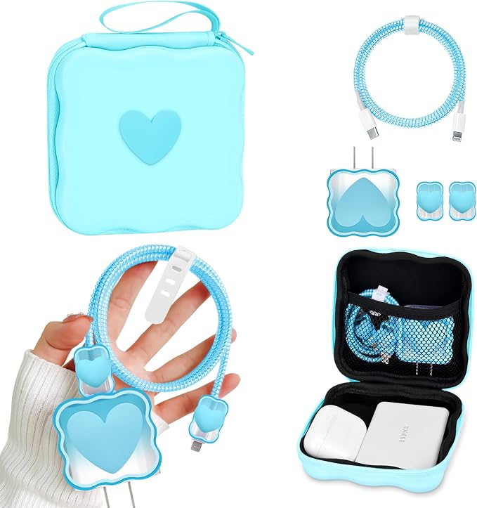 CameCosy Phone Charger Storage Case Cover Sets with Phone Cable Protector for iPhone Charger, Wave Travel Storage Bag, Earphone Cord Saver Cute DIY Cable Protector Cable Organizer (Blue Love Heart)