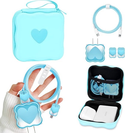 CameCosy Phone Charger Storage Case Cover Sets with Phone Cable Protector for iPhone Charger, Wave Travel Storage Bag, Earphone Cord Saver Cute DIY Cable Protector Cable Organizer (Blue Love Heart)