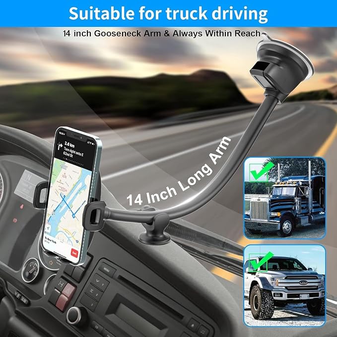 APPS2Car 14'' Gooseneck Car Phone Holder,Heavy Duty Phone Holder for Truck, [Flexibile Long Arm] [Anti Shake stabilizer] Windshield Car Phone Mount Suction Cup,Fit for iPhone, Samsung (Mirror Black)