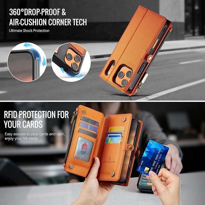 Strapurs for iPhone 17 Pro Detachable Wallet Case Compatible with Magsafe, RFID Blocking 9-Card Holder Zipper Wrist Strap Lanyard PU Leather Magnetic Phone Case for iPhone 17 Pro 6.3", Orange