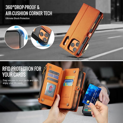 Strapurs for iPhone 17 Pro Detachable Wallet Case Compatible with Magsafe, RFID Blocking 9-Card Holder Zipper Wrist Strap Lanyard PU Leather Magnetic Phone Case for iPhone 17 Pro 6.3", Orange