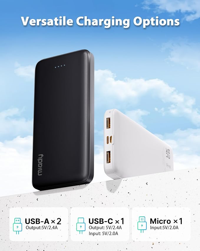 Miady 2-Pack Portable Charger 10000mAh Power Bank Battery Pack for Travel | 37Wh丨Dual USB丨3 Outputs 2 Inputs丨Slim丨Compatible with iPhone 17 16 Galaxy S24 Android Tablets etc丨Flight-Safe丨Black+White