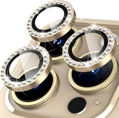 Suoman for iPhone 14 Pro Max / 14 Pro Camera Lens Protector, [Diamonds Bling] 9H Tempered Glass, Full Coverage Metal Protective Cover- Diamond Gold