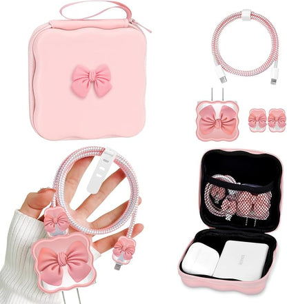 CameCosy DIY Phone Charger Storage Case Cover Sets for iPhone with Cable Protector Earphone Wire Saver, Lovely Travel Storage Bag, Cute Cable Charger Protector Cord Organizer (Pink Bow Tie)