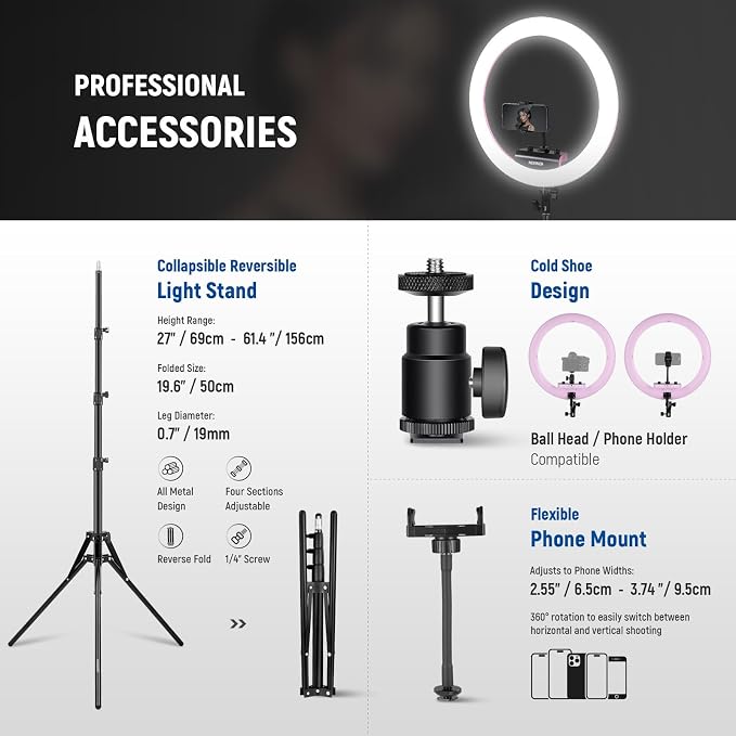 NEEWER Professional Ring Light with Stand and Phone Holder, 18 inch Ultra Thin, 45W 2900K-7000K TLCI98, Remote Shutter & App Control, Softer Lighting for Makeup Live Stream TikTok, RP18B Pro Pink
